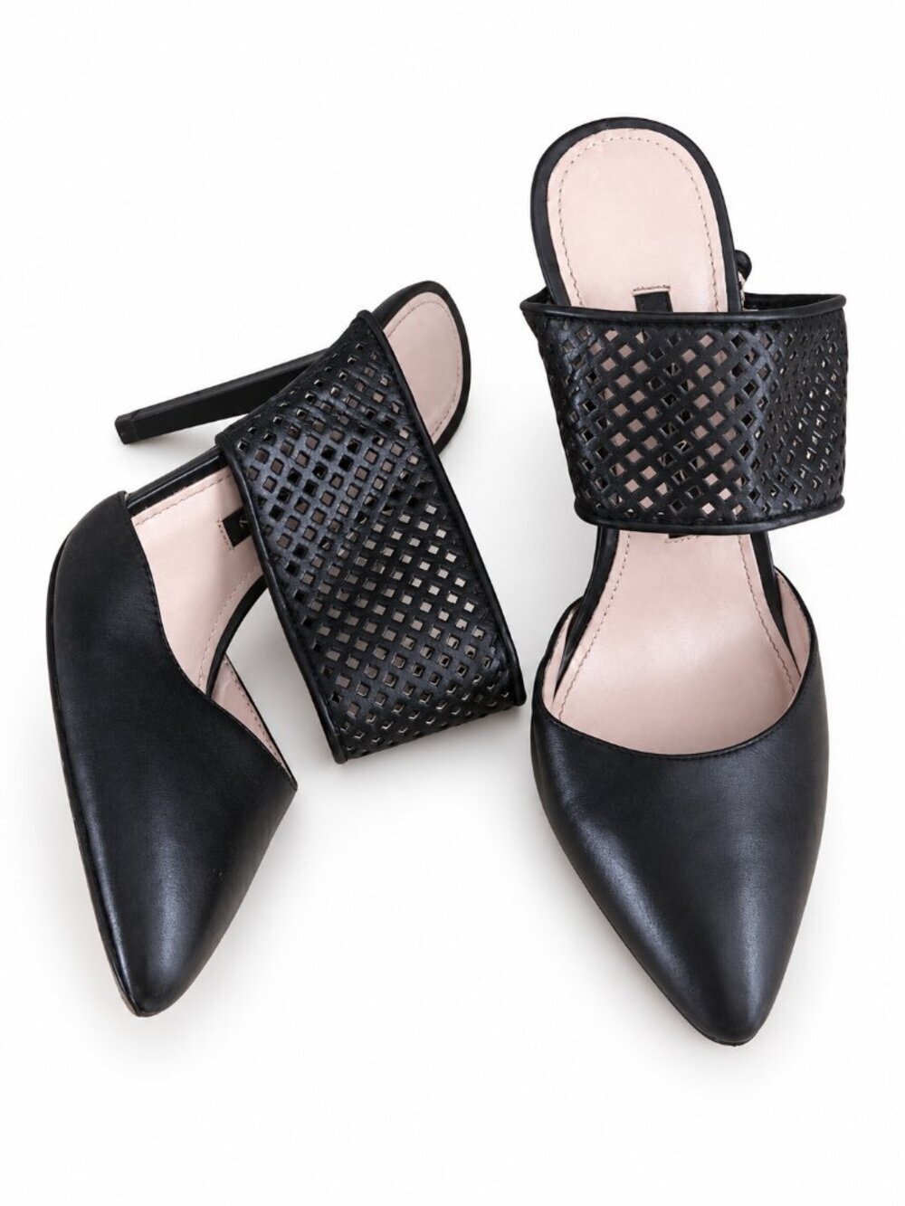 French Connection Mollie Womens Black Pointed Toe Heels 7 Mule Lazer Cut Elegant